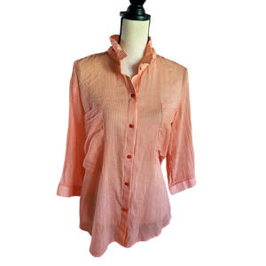 Terra SJ Apparel Orange & White Stripe Cotton Button-Up 3/4 Sleeve Top Sz L